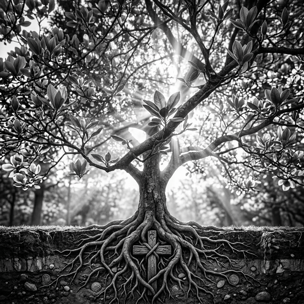 Magnolia flower blooming on branch with backlit leaves and branches
